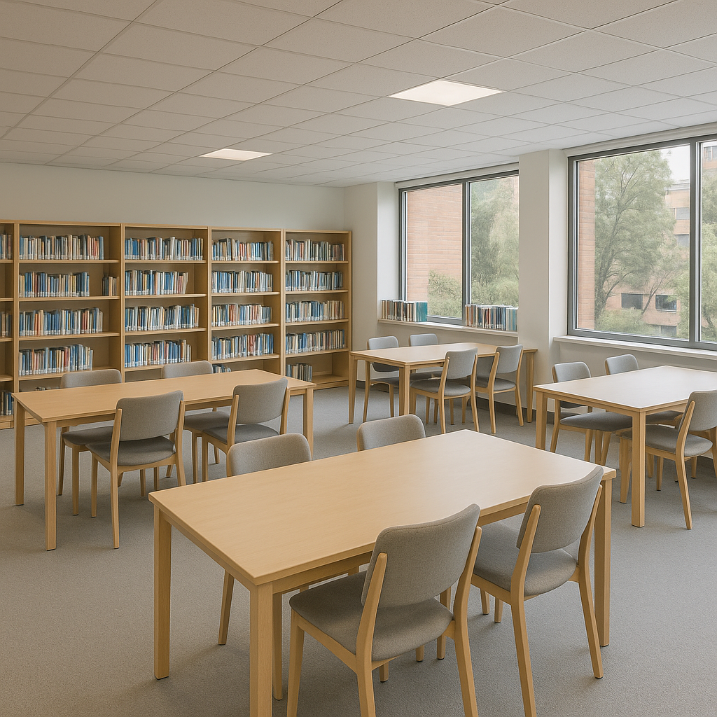 Biblioteca con libros y ambiente de estudio