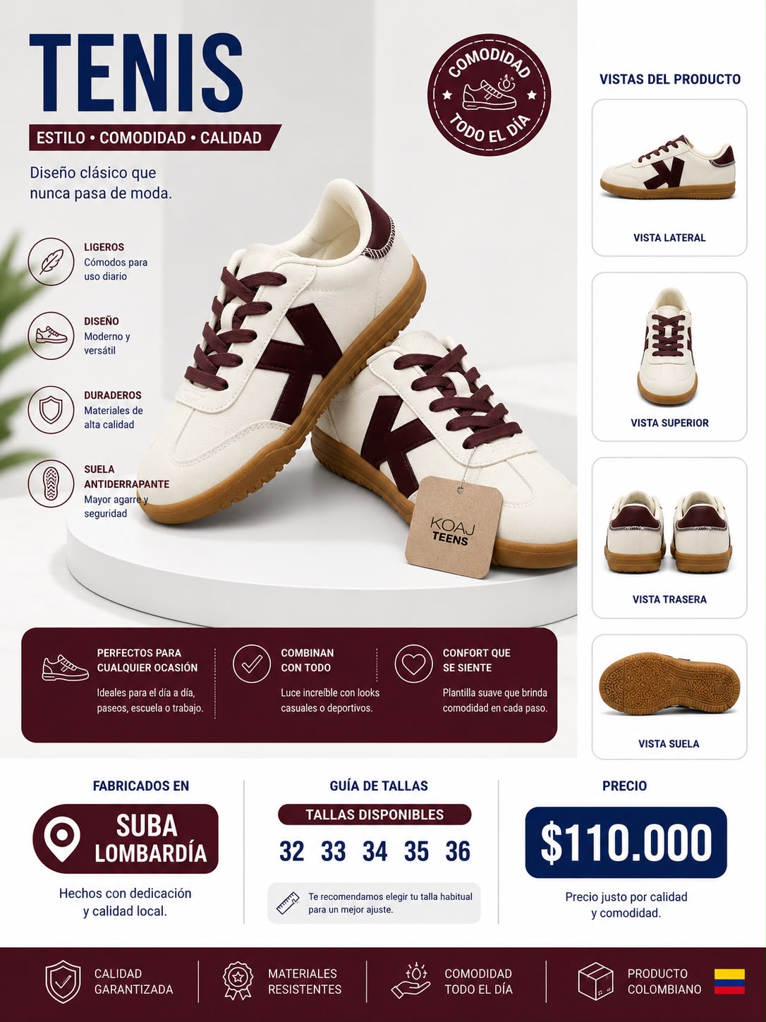 Tenis blancos con detalles vino tinto, vistas del producto, tallas y precio